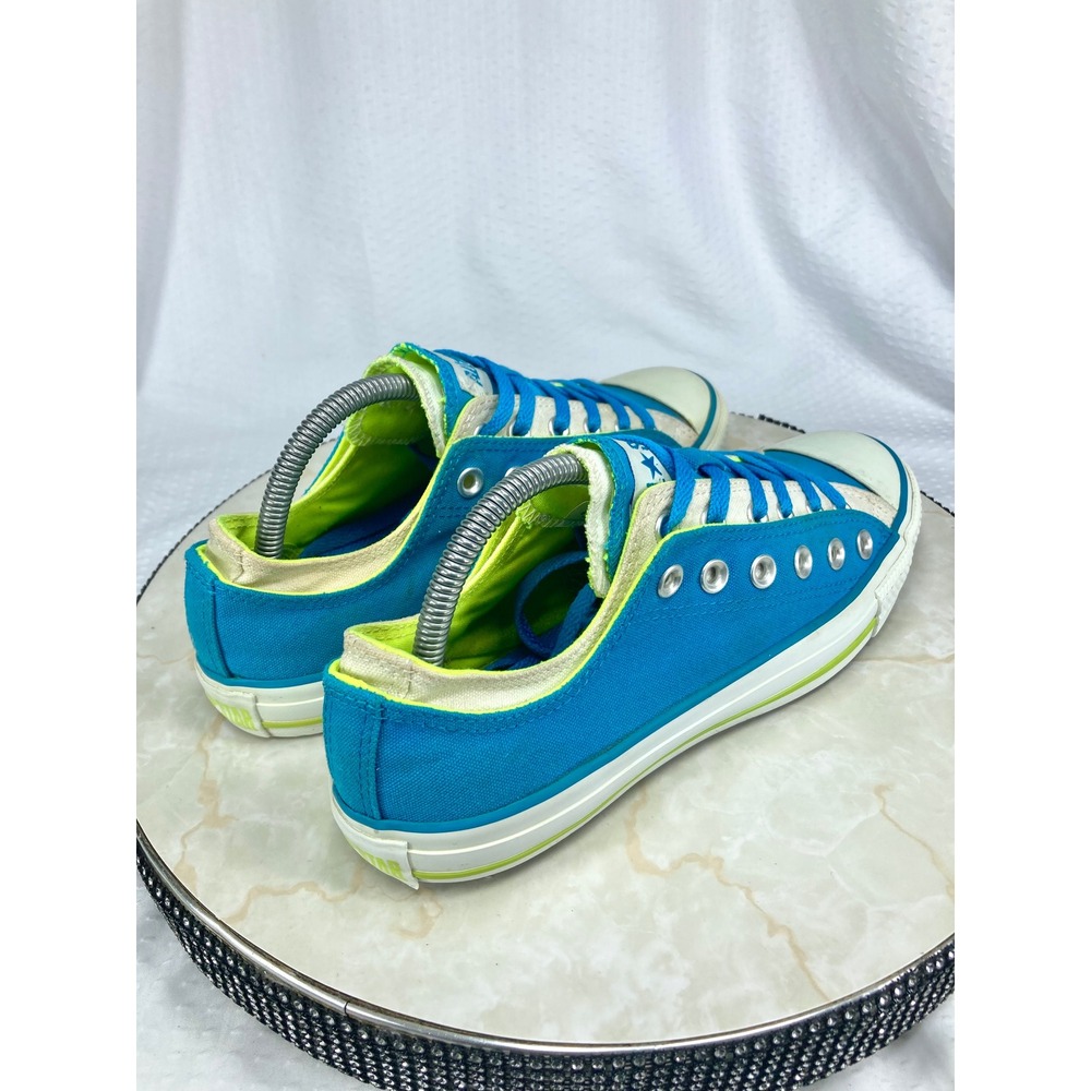 Converse Low Top Double Tongue Shoes Womens Sz 9 Blue Lime Green Canvas Sneakers - Picture 10 of 12
